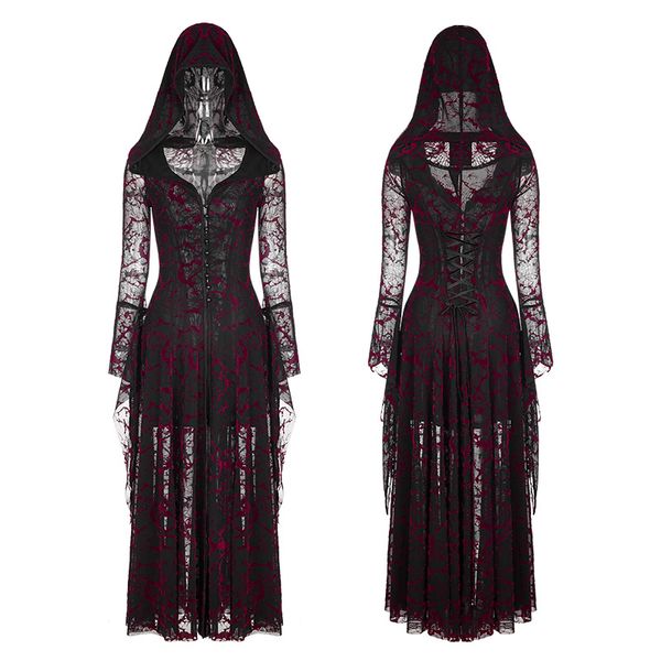 Red hooded lace long dress - Babashope - 4