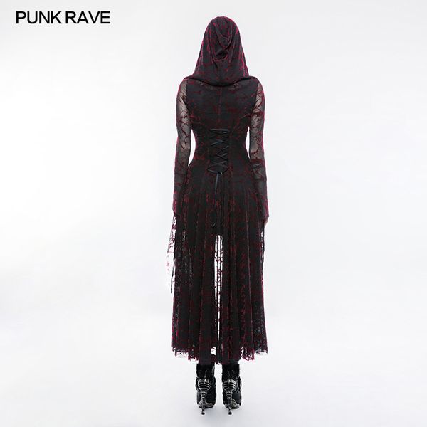 Red hooded lace long dress - Babashope - 4