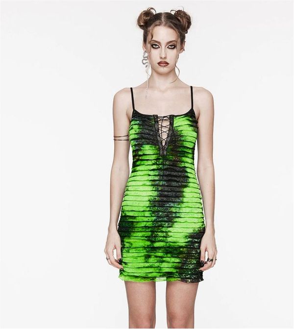 Punkrave grunge ruffled tie-dyed slip jurk (groen) - Babashope - 7