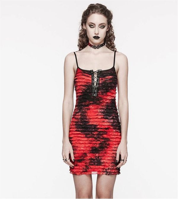 Punkrave Grunge ruffled tie-dyed jurk (red) - Babashope - 7