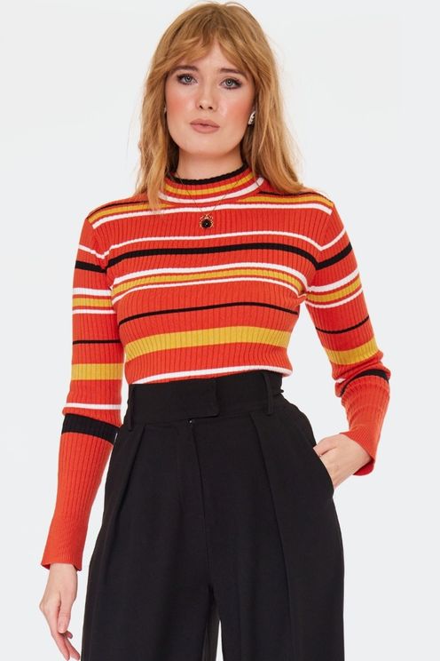 Orange Striped High Neck Sweater - Babashope - 5