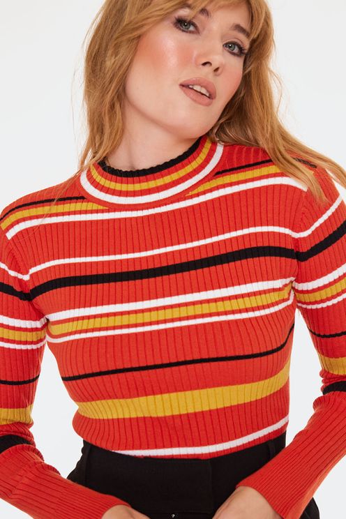 Orange Striped High Neck Sweater - Babashope - 5