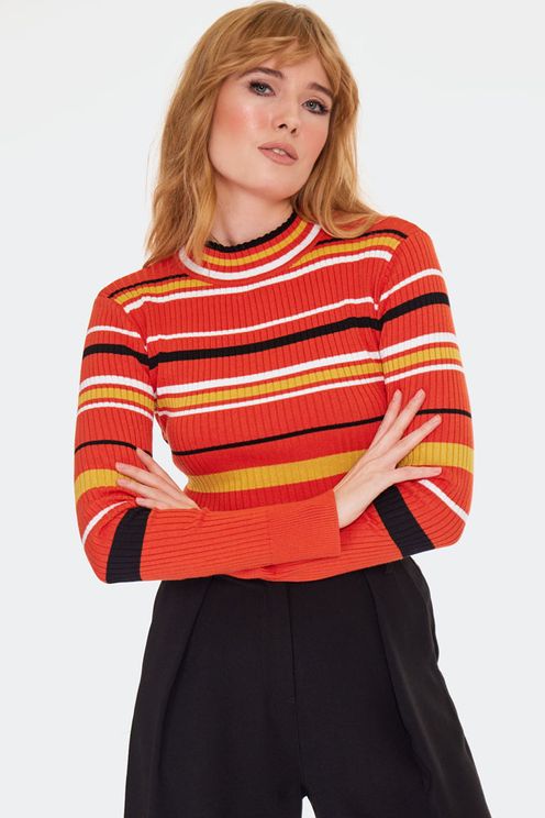 Orange Striped High Neck Sweater - Babashope - 5