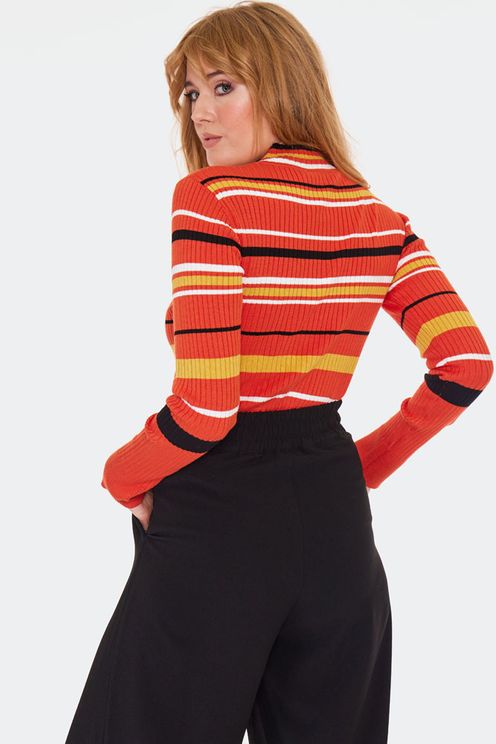 Orange Striped High Neck Sweater - Babashope - 5