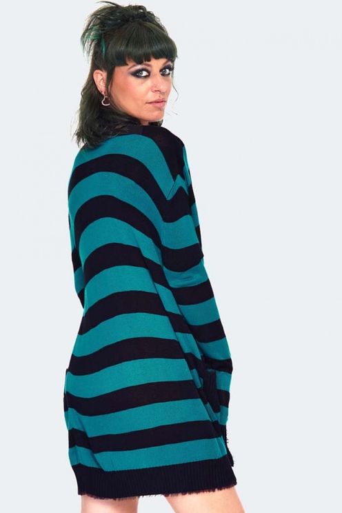 Teal Striped Oversized Cardigan - Babashope - 5